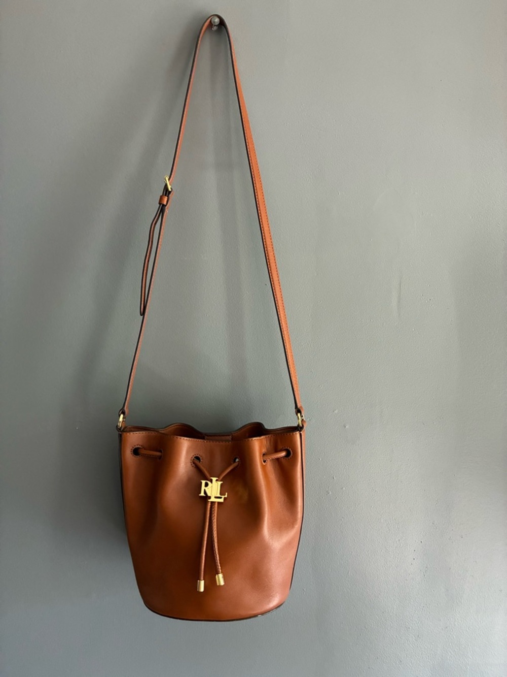 Ralph Lauren Brown Leather Bucket Drawstring Crossbody Bag